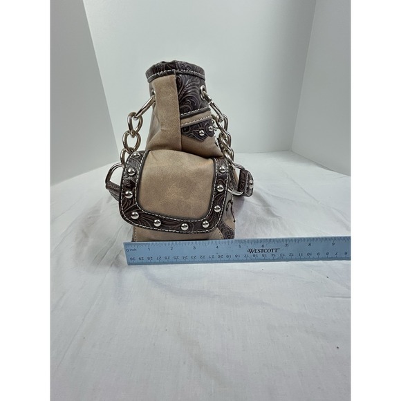 Fleur De Lis Rhinestone Leather Purse Embossed Tan Brown Shoulder Bag Western - Picture 8 of 16